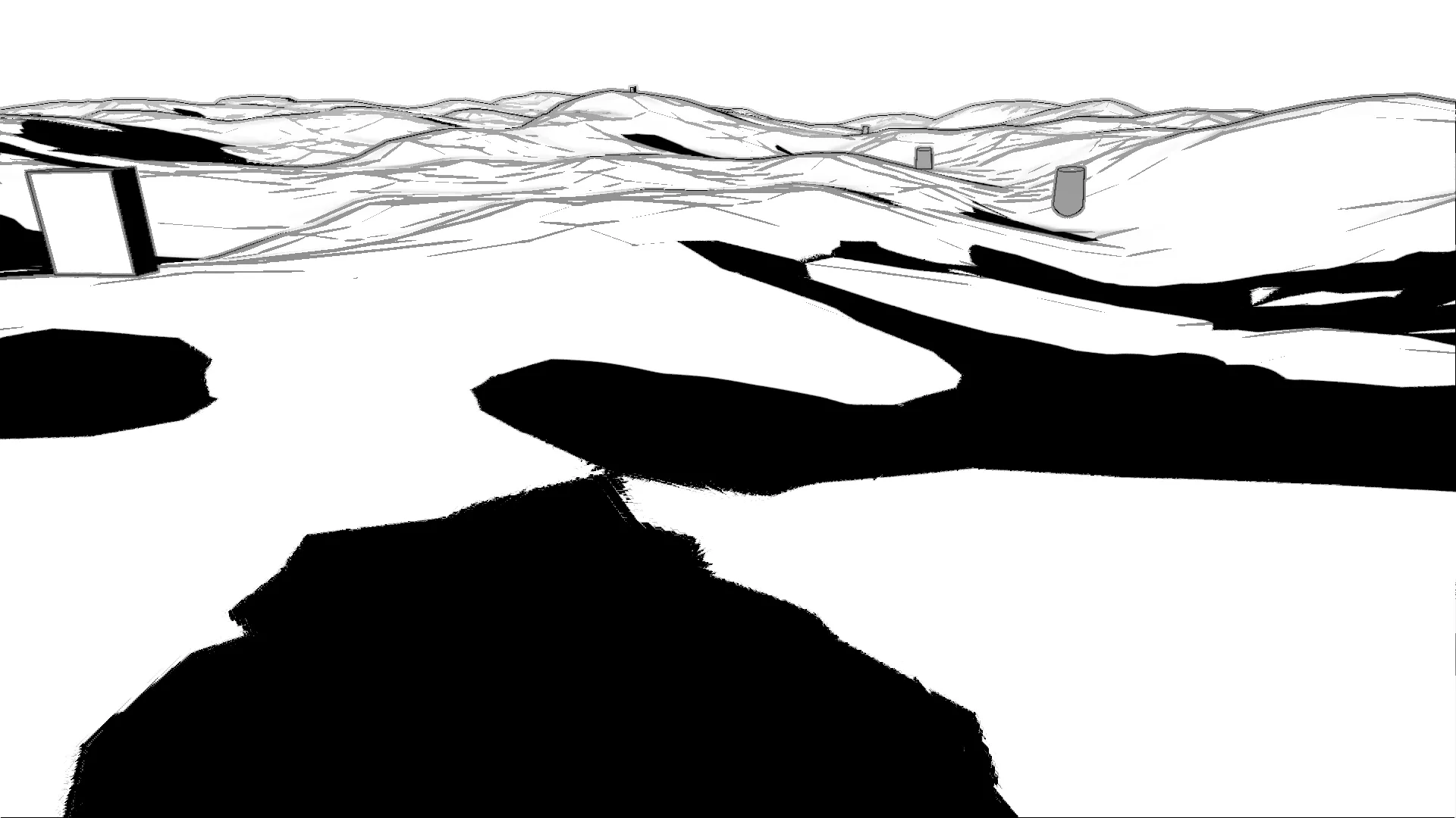 A procedurally generated desert with scattered objects in two tones (black and white).